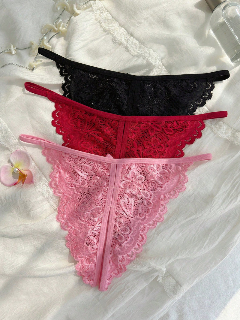 Classic Sexy 3 Piezas/conjunto De Sexy Tangas De Encaje De Entrepierna Abierta - Colores Surtidos