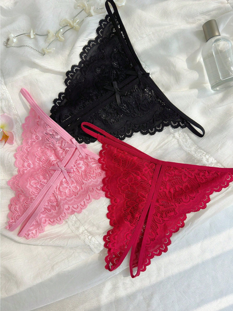 Classic Sexy 3 Piezas/conjunto De Sexy Tangas De Encaje De Entrepierna Abierta - Colores Surtidos