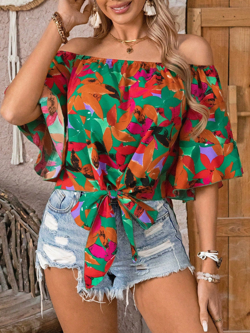 VCAY Blusa Estampada Con Nudo En Frente Y Hombros Descubiertos