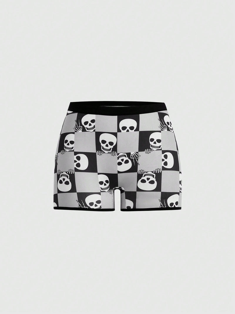 ROMWE Goth Pantalones cortos comodos de cuadros con calaveras para mujeres