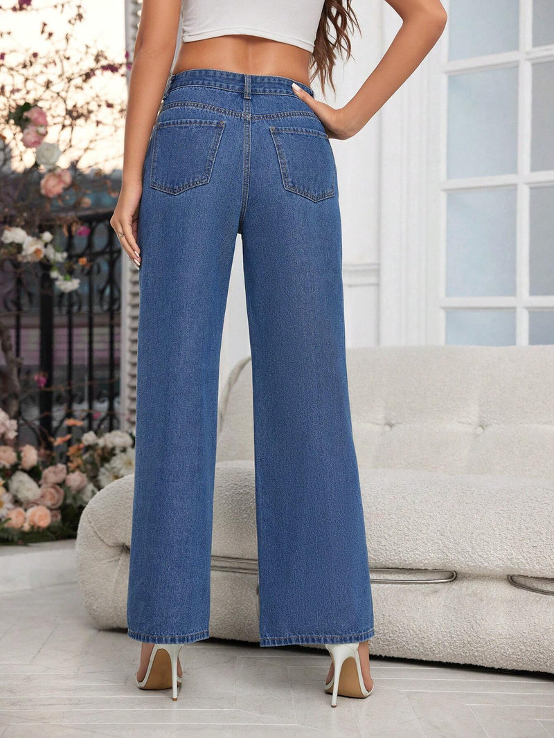 Tall Jeans Casuales De Pierna Ancha Y Baja Altura En Jean Con Cremallera Decorativa