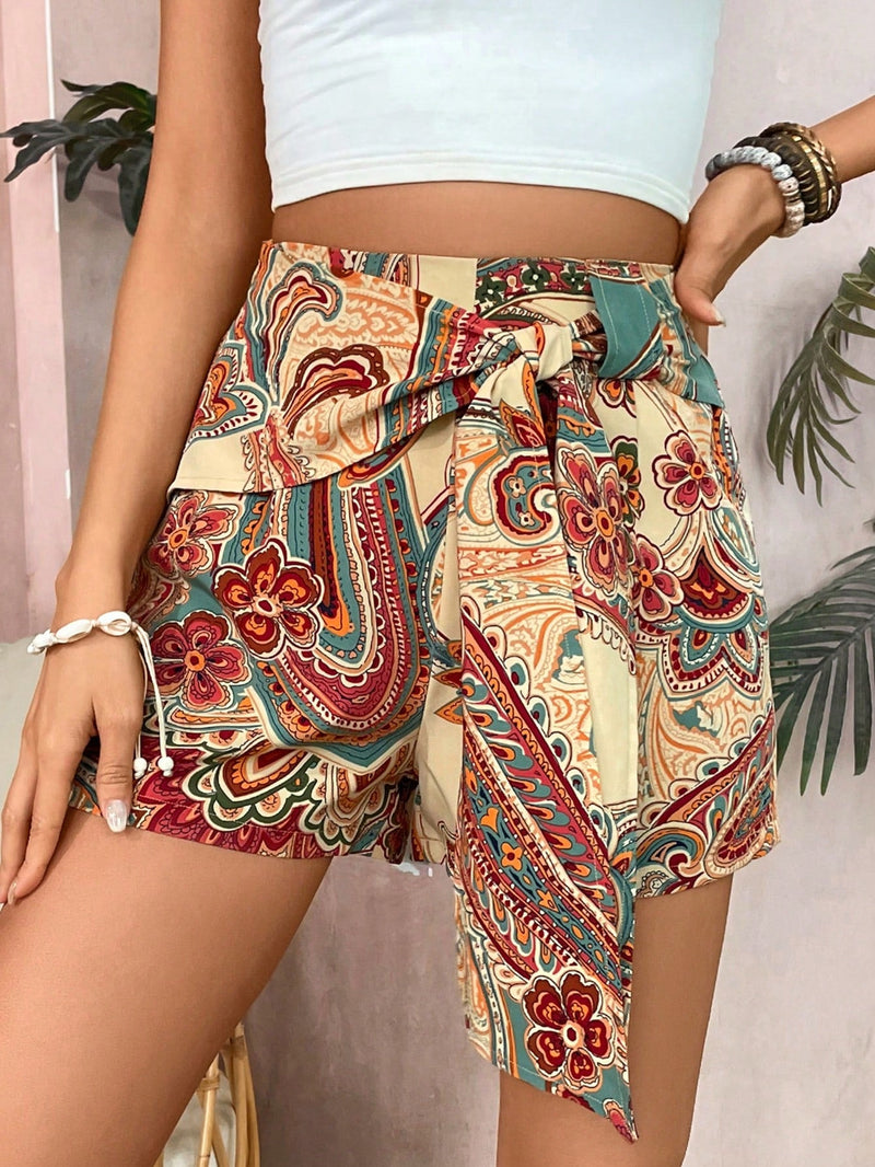 VCAY Pantalones Cortos De Cintura Alta Y Diseno De Lazo Frontal Con Estampado Floral Para Mujeres