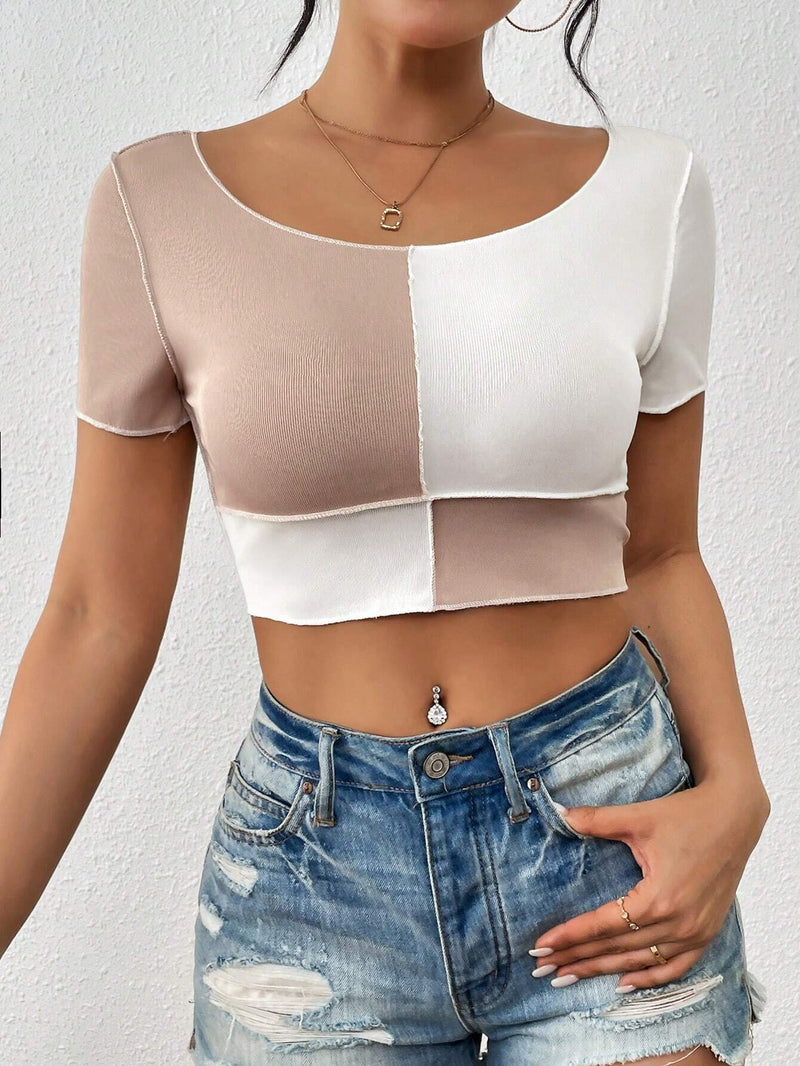 Camiseta De Manga Corta Con Cuello Redondo A Rayas Para Mujer