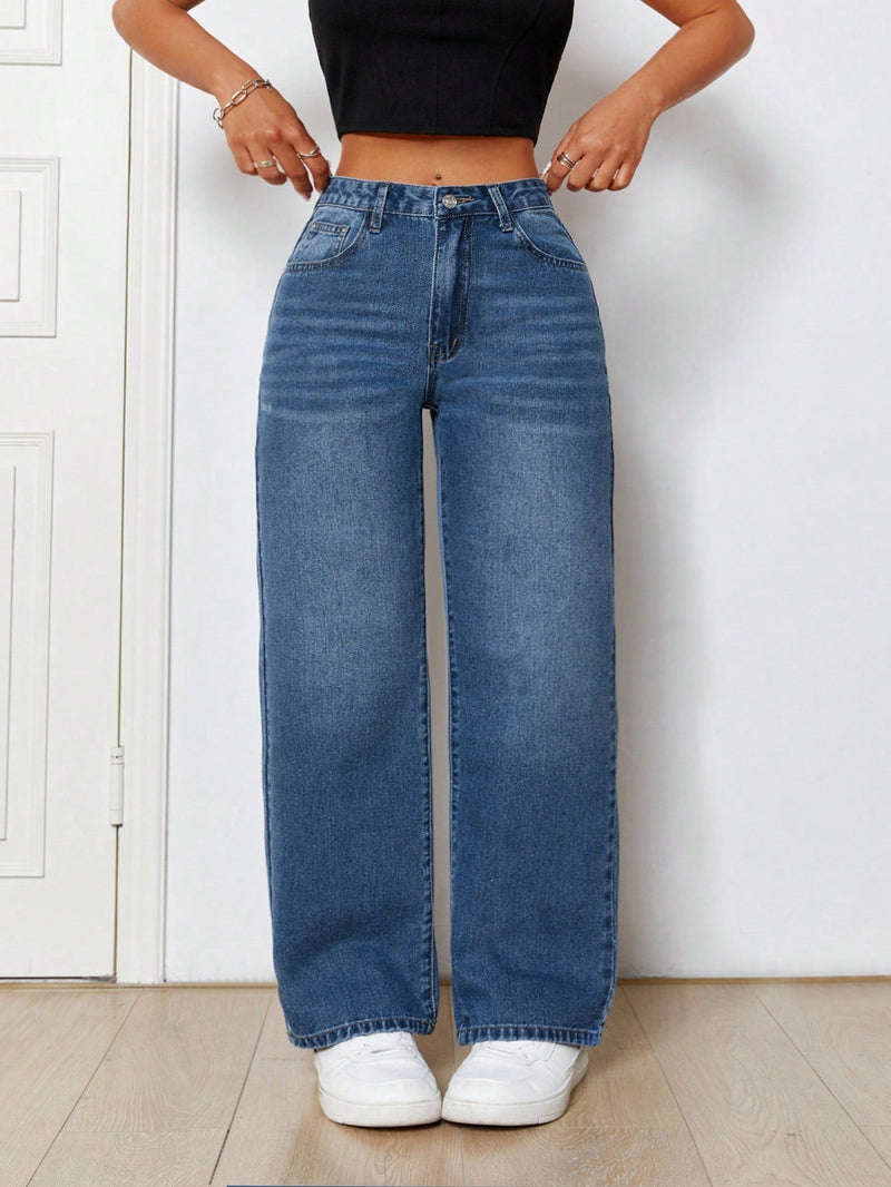 PETITE Jeans Lavados Con Un Look De Patas Rectas Y Bolsillos Inclinados Con Diseno De Bigotes De Gato