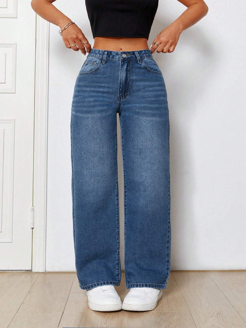 PETITE Jeans Lavados Con Un Look De Patas Rectas Y Bolsillos Inclinados Con Diseno De Bigotes De Gato