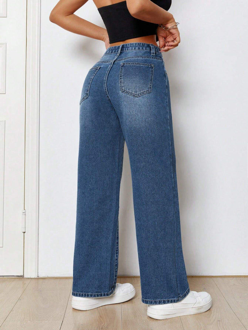 PETITE Jeans Lavados Con Un Look De Patas Rectas Y Bolsillos Inclinados Con Diseno De Bigotes De Gato