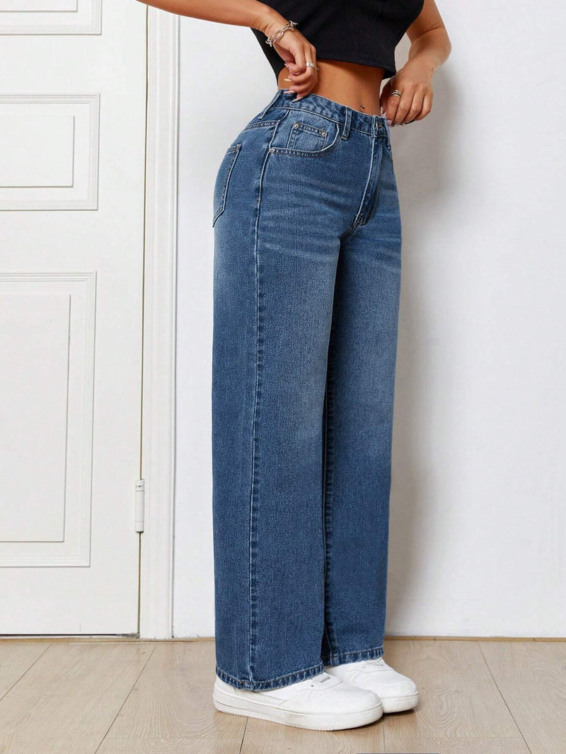 PETITE Jeans Lavados Con Un Look De Patas Rectas Y Bolsillos Inclinados Con Diseno De Bigotes De Gato