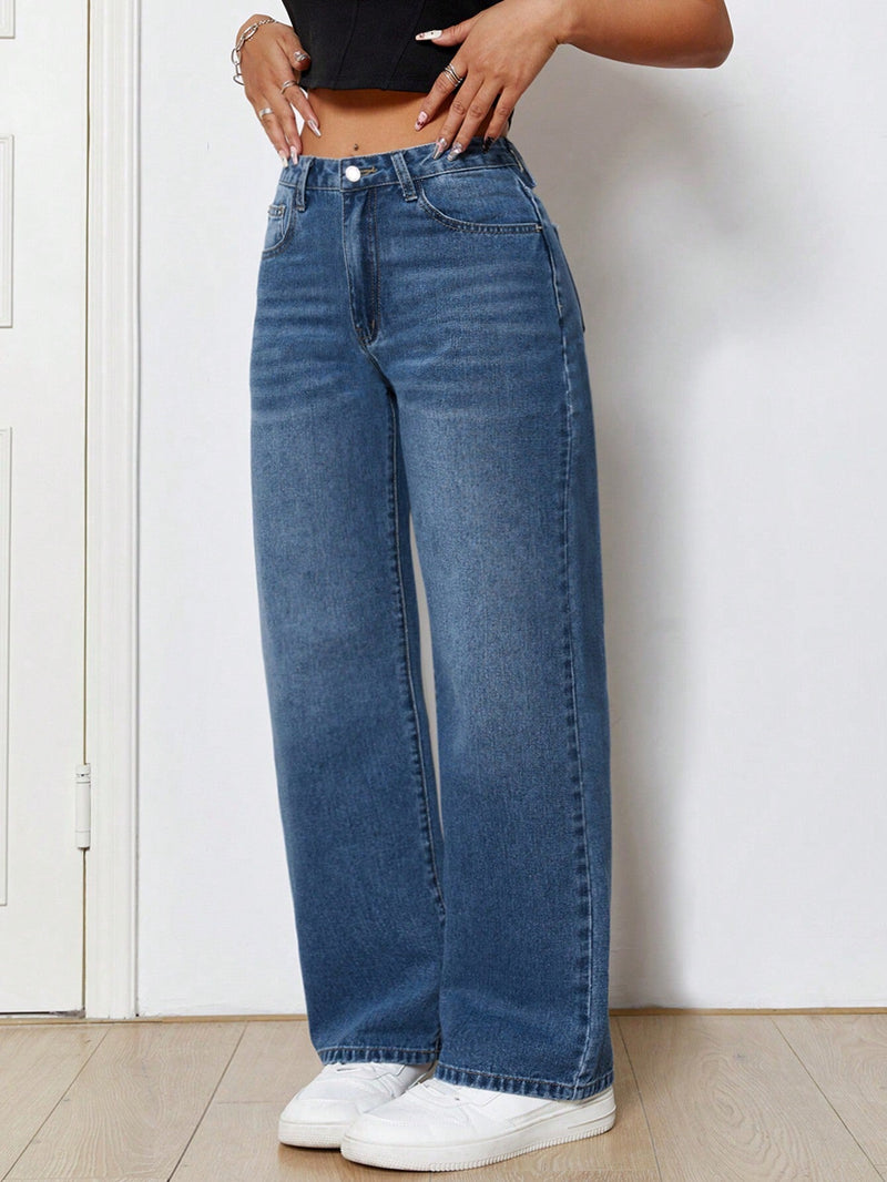 PETITE Jeans Lavados Con Un Look De Patas Rectas Y Bolsillos Inclinados Con Diseno De Bigotes De Gato