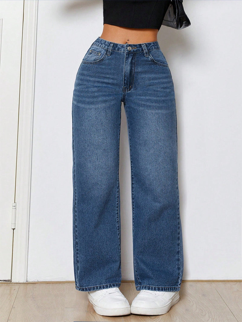 PETITE Jeans Lavados Con Un Look De Patas Rectas Y Bolsillos Inclinados Con Diseno De Bigotes De Gato