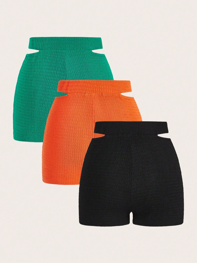 SXY Conjunto de 3 piezas de shorts tricotados de textura calada con cintura alta