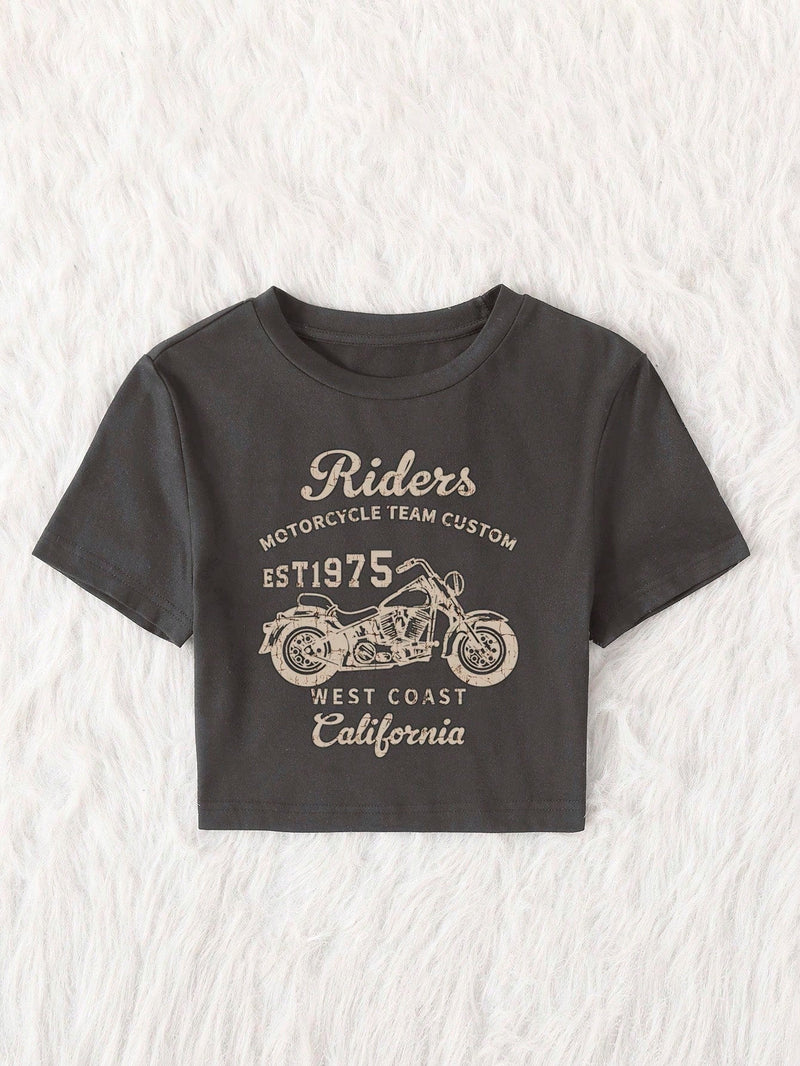 EZwear Camiseta De Manga Corta Con Estampado De Motocicleta Y Letras