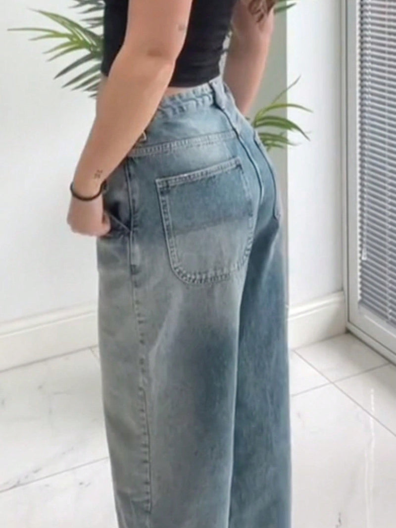 Jeans De Cintura Alta Holgados Con Piernas Anchas Y Desgastados