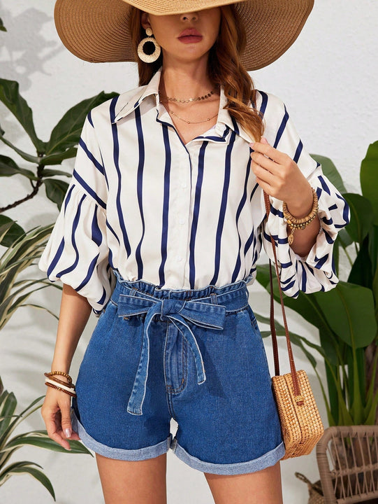 VCAY Pantalones Cortos De Mezclilla Para Mujeres Con Dobladillo Enrollado Y Cintura Alta Con Curva