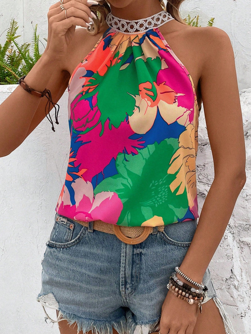 VCAY Blusa De Cuello Halter Con Estampado Floral Para Mujeres