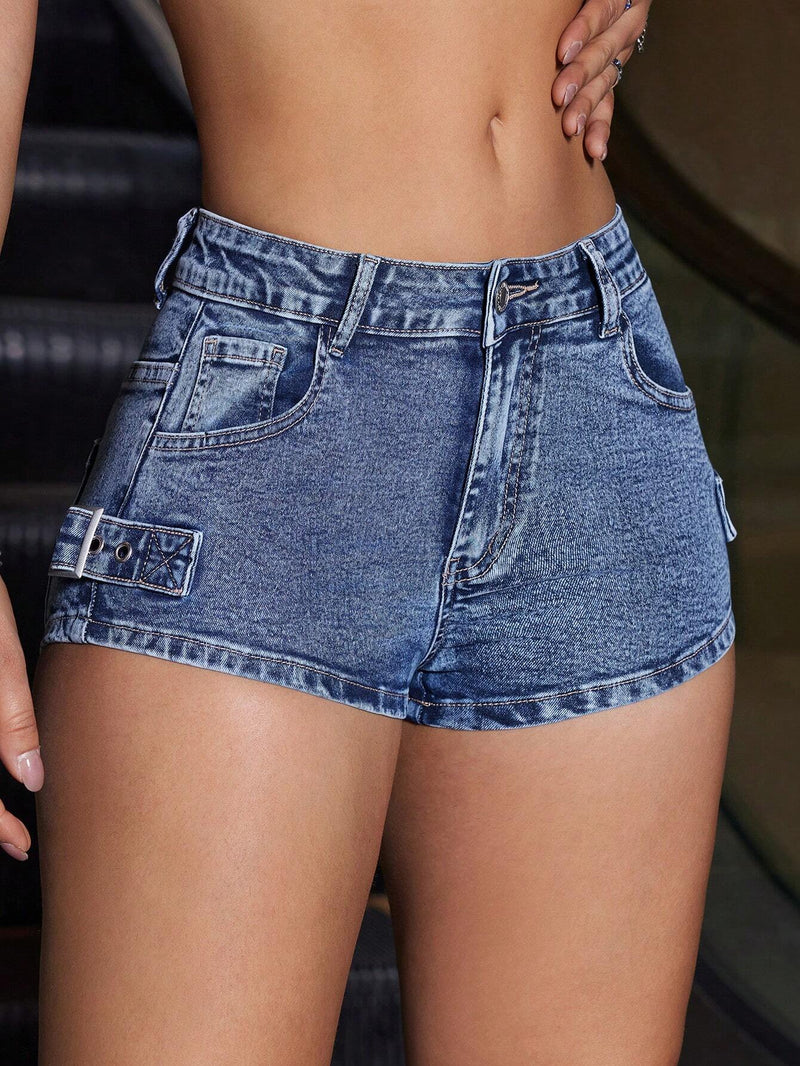 Shorts De Mezclilla Para Mujer Con Cierre De Metal