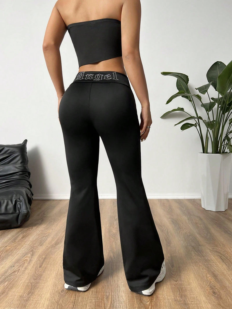 EZwear Pantalones Acampanados De Cintura Alta De Estilo Americano Con Cinturilla Doblada Y Diamantes De Imitacion Para Damas