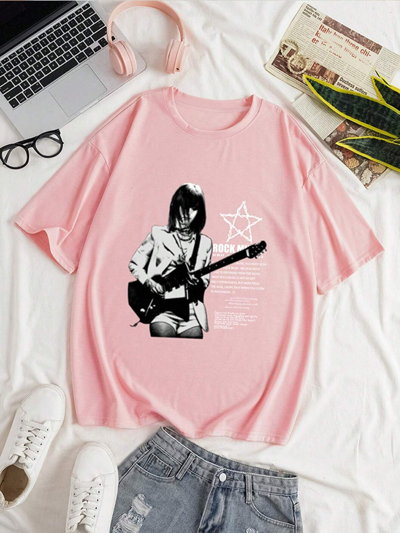 Camiseta Para Mujer De Manga Corta Con Impresion De Eslogan Y Personaje