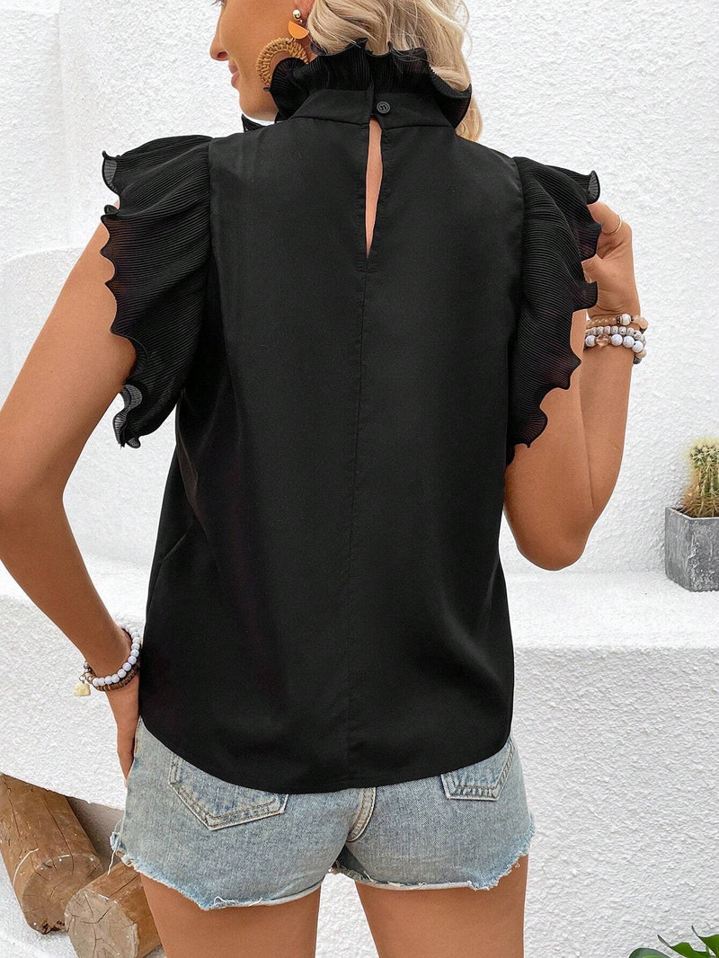 Camisa Con Cuello Alto De Mujer, Con Diseno De Dobladillo De Conjuntoa Y Mangas Cortas Acampanadas