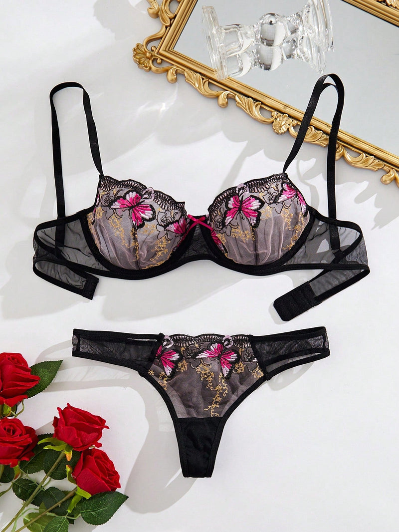 Conjunto De Sujetador Con Bordado De Mariposas Y Bragas Triangulares Para Mujeres