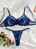 Conjunto de lenceria sexy azul bordado transparente con copa completa