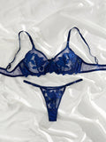 Conjunto de lenceria sexy azul bordado transparente con copa completa