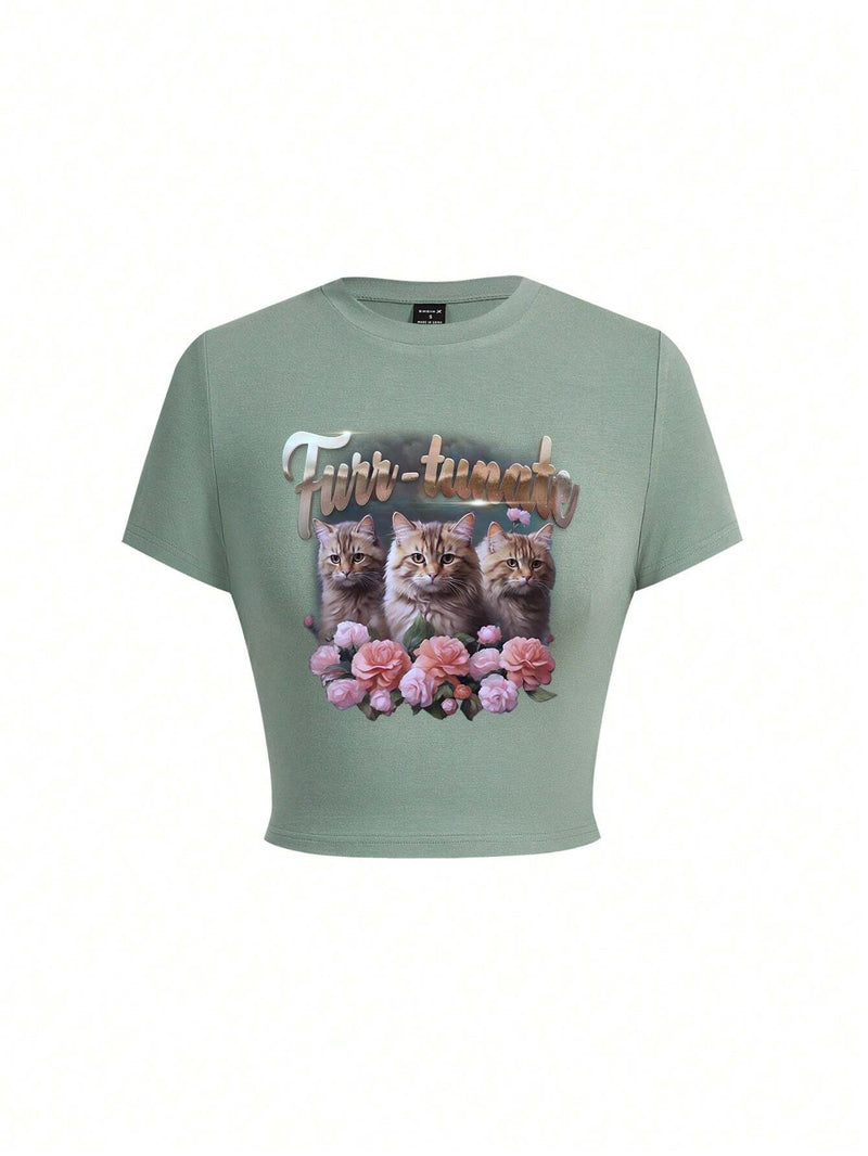 Oddis Camiseta Corta Ajustada Con Cuello Redondo Y Estampado De Gatos, Flores Y Letras