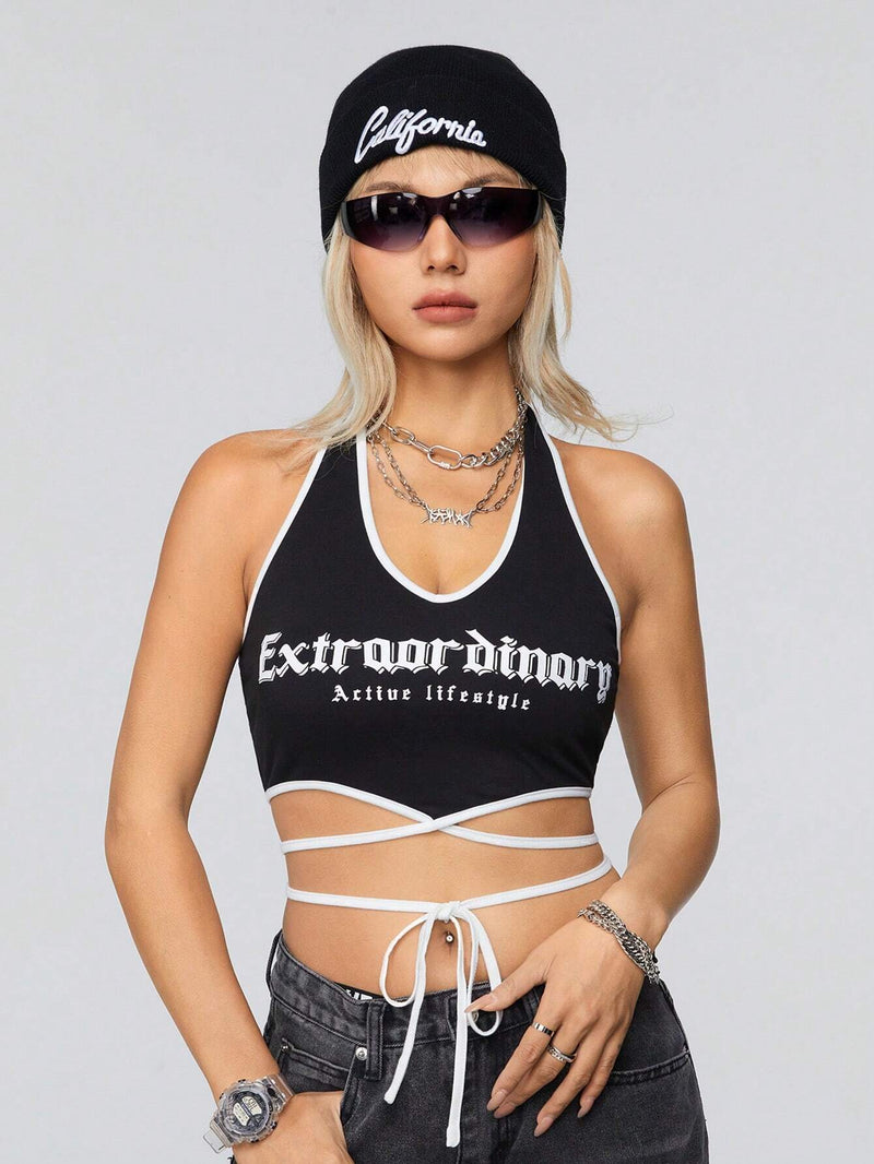 Coolane Top Con Cuello Halter Y Estampado De Letras Con Lazo En La Cintura Para Mujer