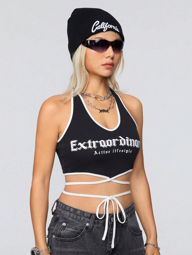 Coolane Top Con Cuello Halter Y Estampado De Letras Con Lazo En La Cintura Para Mujer