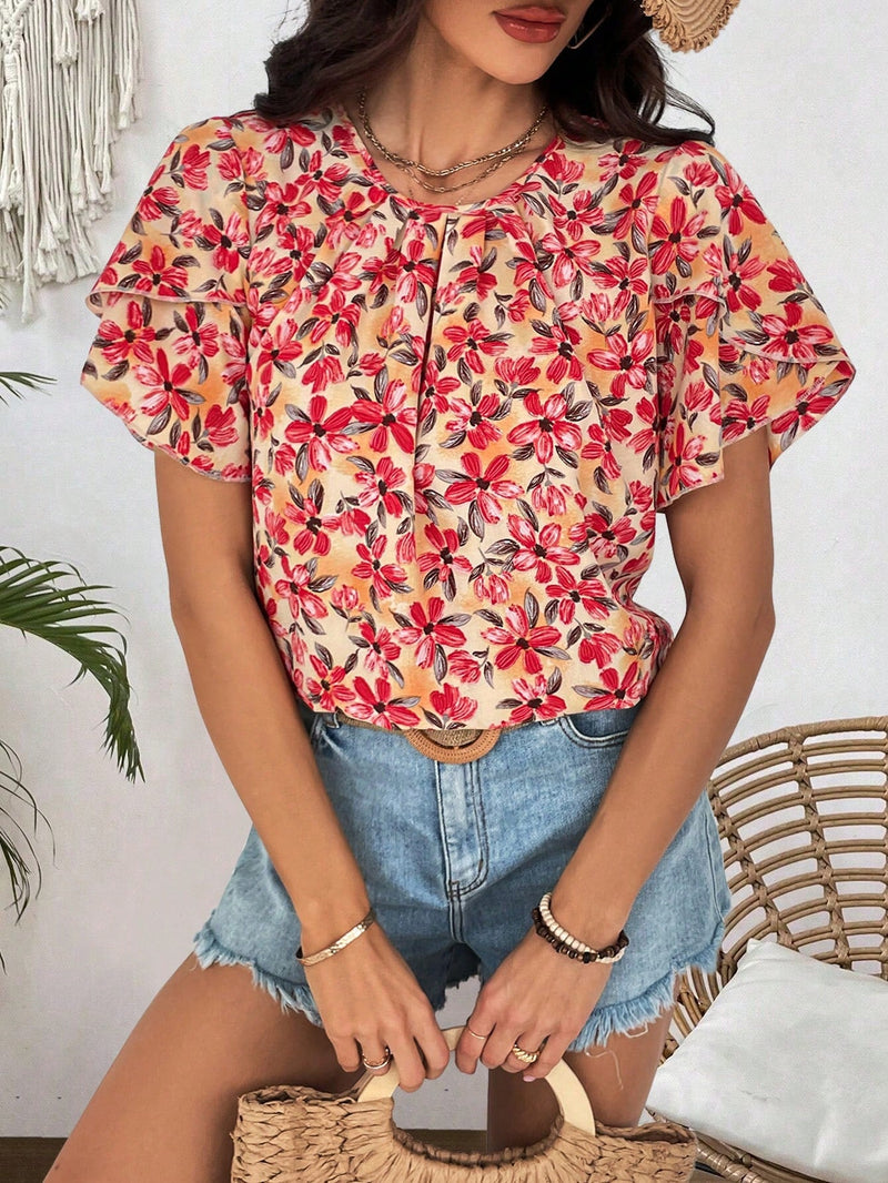 Clasi Camisa De Manga Corta Con Cuello Redondo Y Estampado Floral