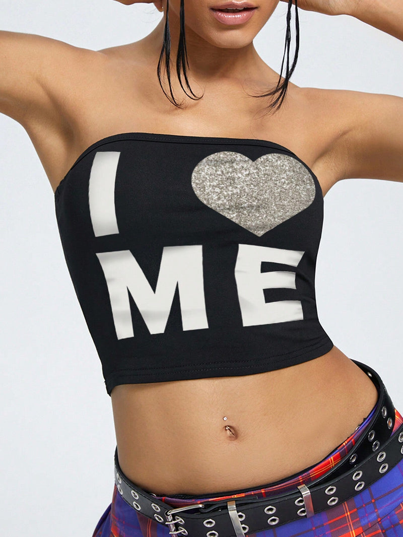 EZwear Top Sin Mangas De Impresion De Letras Con Cuello Corazon Para Mujer