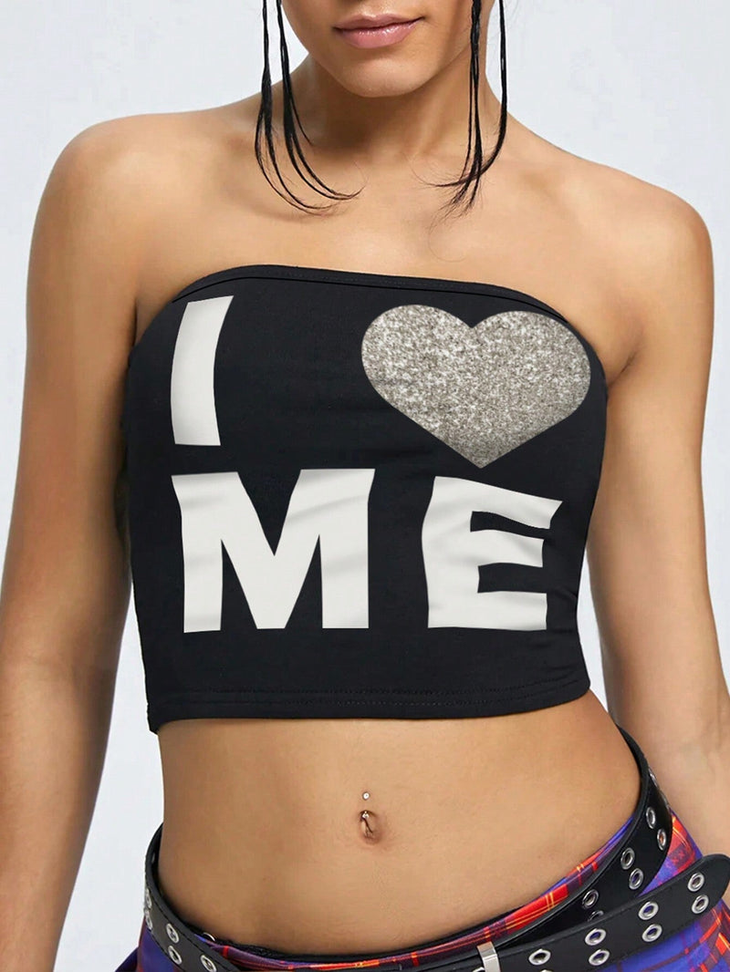 EZwear Top Sin Mangas De Impresion De Letras Con Cuello Corazon Para Mujer