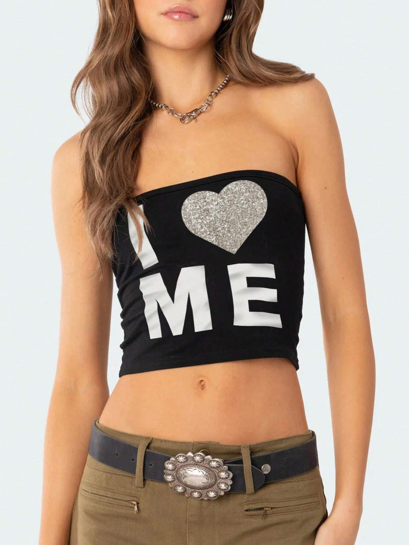 EZwear Top Sin Mangas De Impresion De Letras Con Cuello Corazon Para Mujer