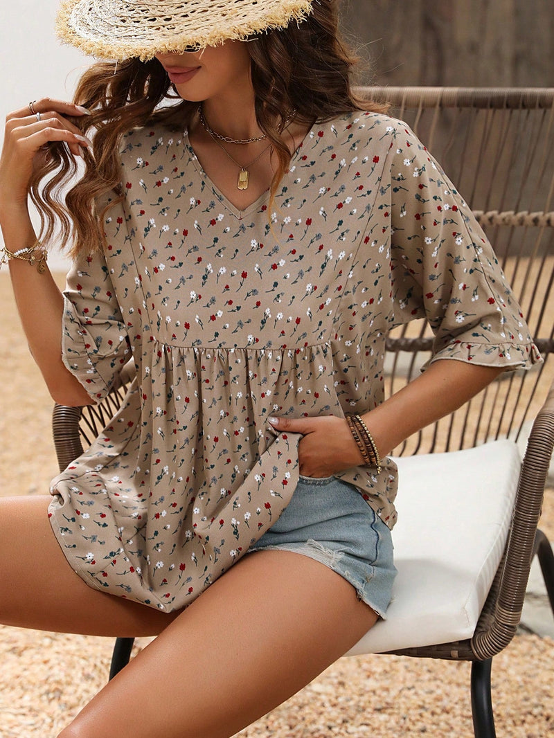 VCAY Blusa Pequena Con Estampado Floral Y Mangas Con Volantes