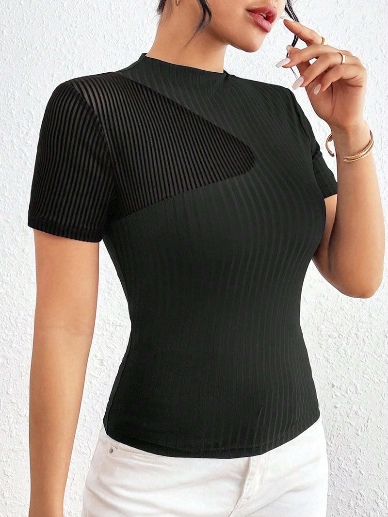 Prive Camisa De Mujer Con Mangas Cortas Y Parches De Malla Con Estampado De Rayas