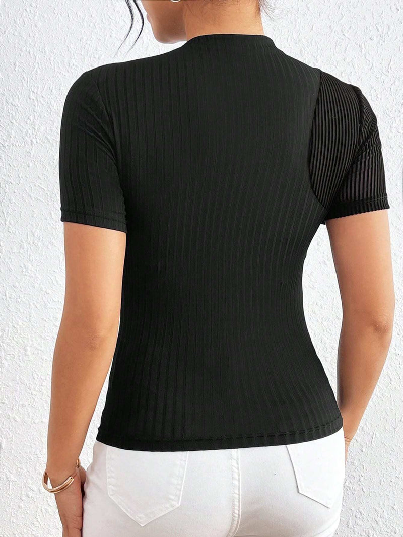 Prive Camisa De Mujer Con Mangas Cortas Y Parches De Malla Con Estampado De Rayas