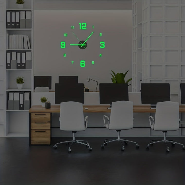 1pc Reloj de pared silencioso luminoso 3D grande - Reloj adhesivo redondo de plástico que funciona con pilas para sala de estar, dormitorio, decoración de oficina y bricolaje - Utiliza 1 pila AA (no incluida)