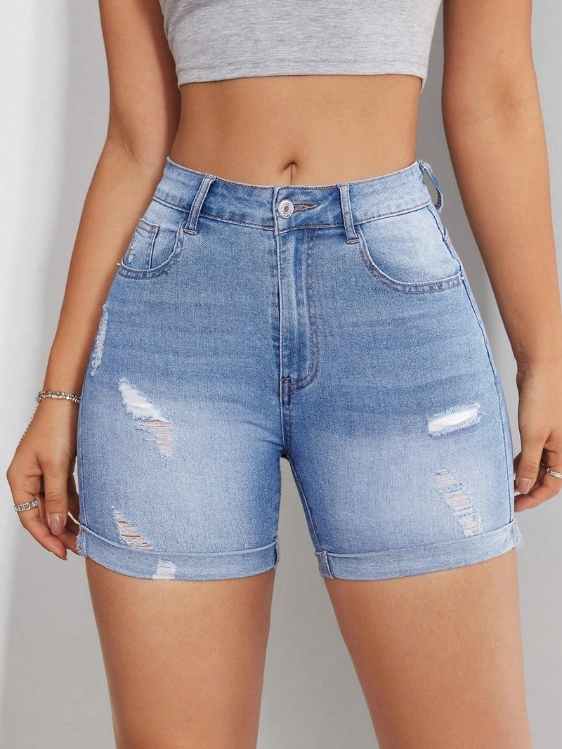 Shorts Vaqueros De Corte Slim Con Efecto Desgastado Y Lavado Y Bolsillos Diagonales