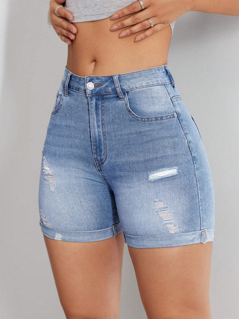 Shorts Vaqueros De Corte Slim Con Efecto Desgastado Y Lavado Y Bolsillos Diagonales