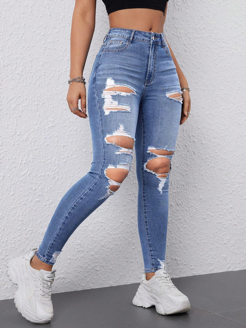 EZwear Jeans Ajustados De Mujer Envejecidos