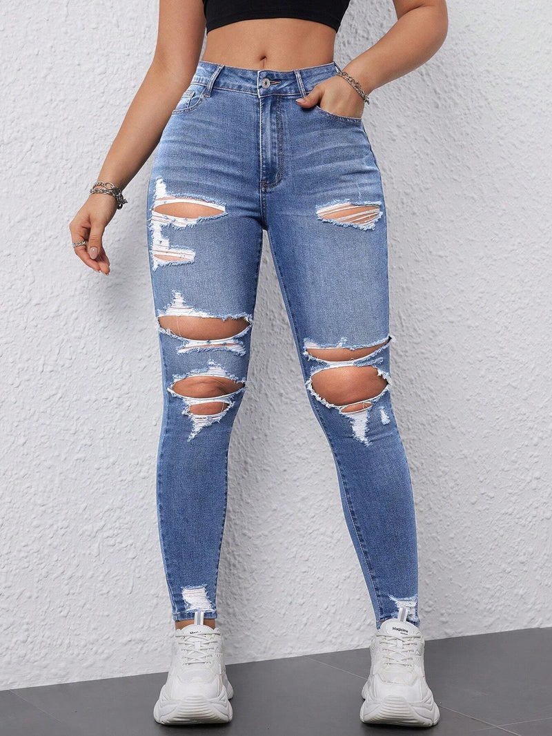 EZwear Jeans Ajustados De Mujer Envejecidos