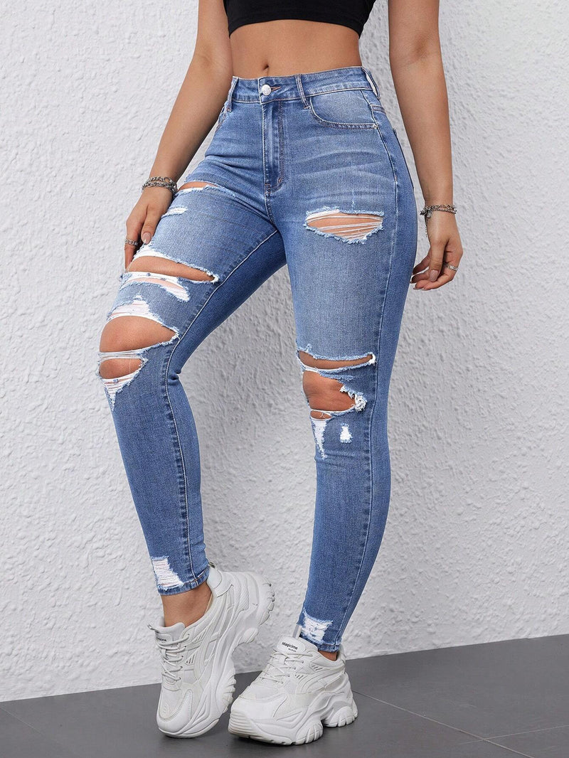 EZwear Jeans Ajustados De Mujer Envejecidos