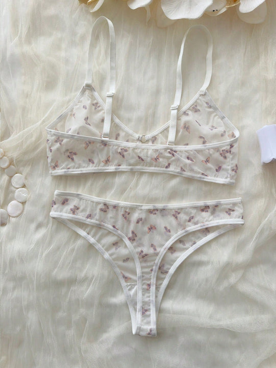 Conjunto De Lenceria Sexy De Malla De Mariposa Con Estampado Floral