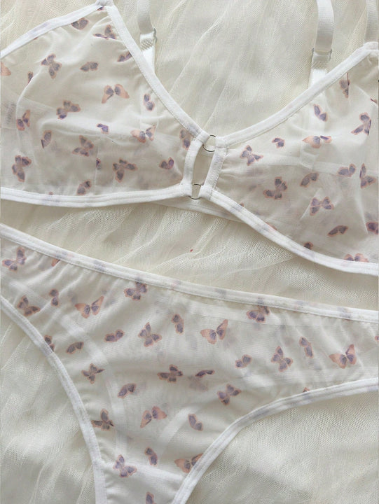 Conjunto De Lenceria Sexy De Malla De Mariposa Con Estampado Floral