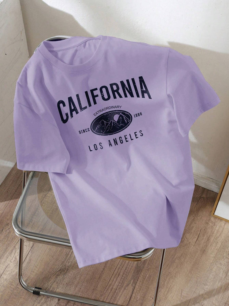 Camiseta informal de mujer con cuello redondo, manga corta de gran tamano e impresion de letras, holgada para el verano. CALIFORNIA ETRAORDINARIA DESDE 1886 LOS ANGELES