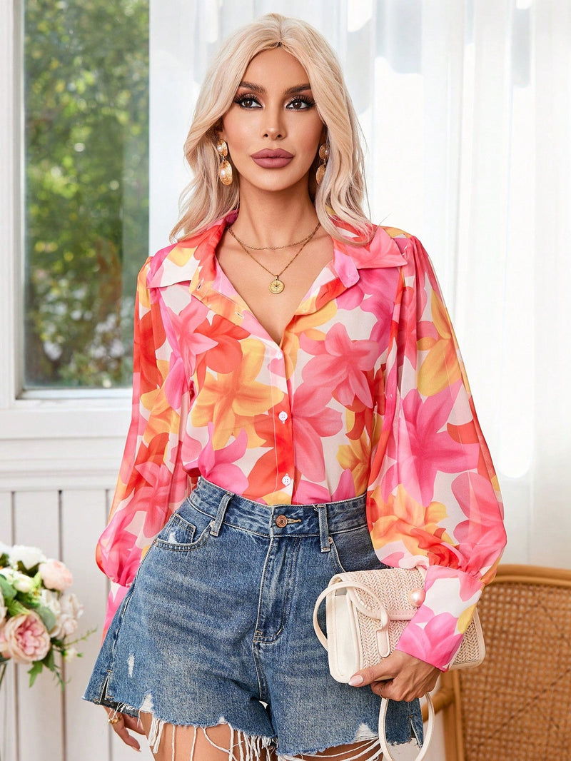 VCAY Blusa de mujer de gasa con estampado floral de estilo de pintura al oleo