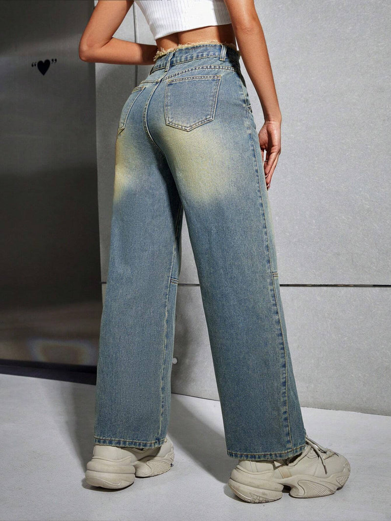 PETITE Jeans De Mezclilla Para Mujer Con Bolsillos Y Bordes Deshilachados Para Trabajar