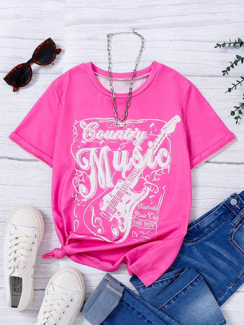 Camiseta De Manga Corta Con Impresion De Guitarra Y Letra