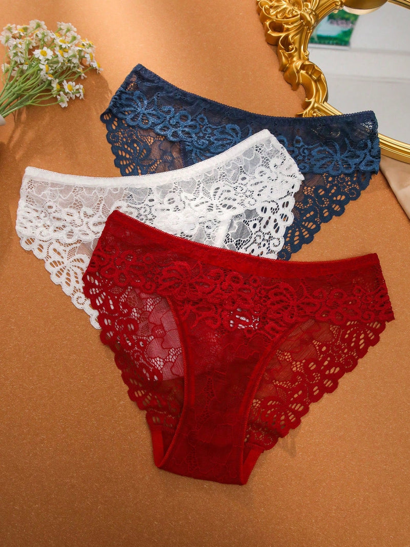 Conjunto De 3 Piezas De Panties Triangulares De Encaje Para Mujeres