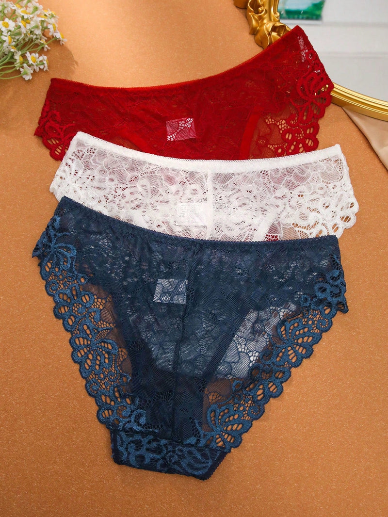 Conjunto De 3 Piezas De Panties Triangulares De Encaje Para Mujeres