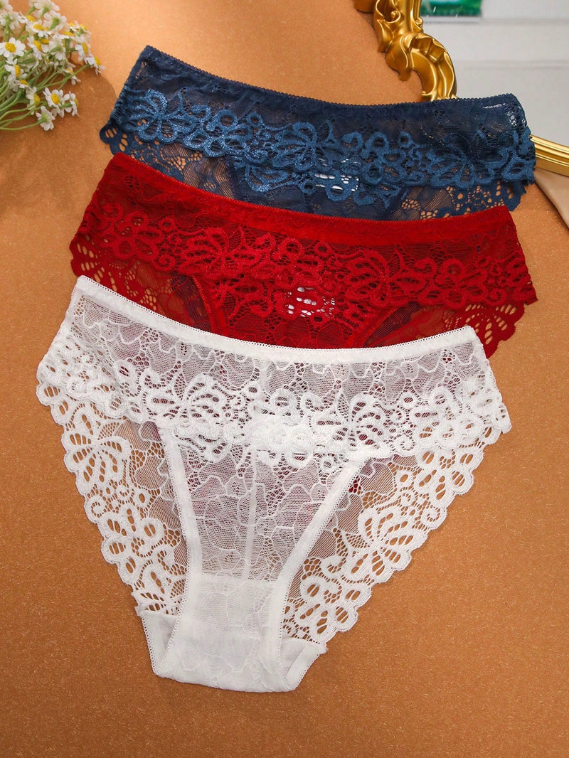 Conjunto De 3 Piezas De Panties Triangulares De Encaje Para Mujeres